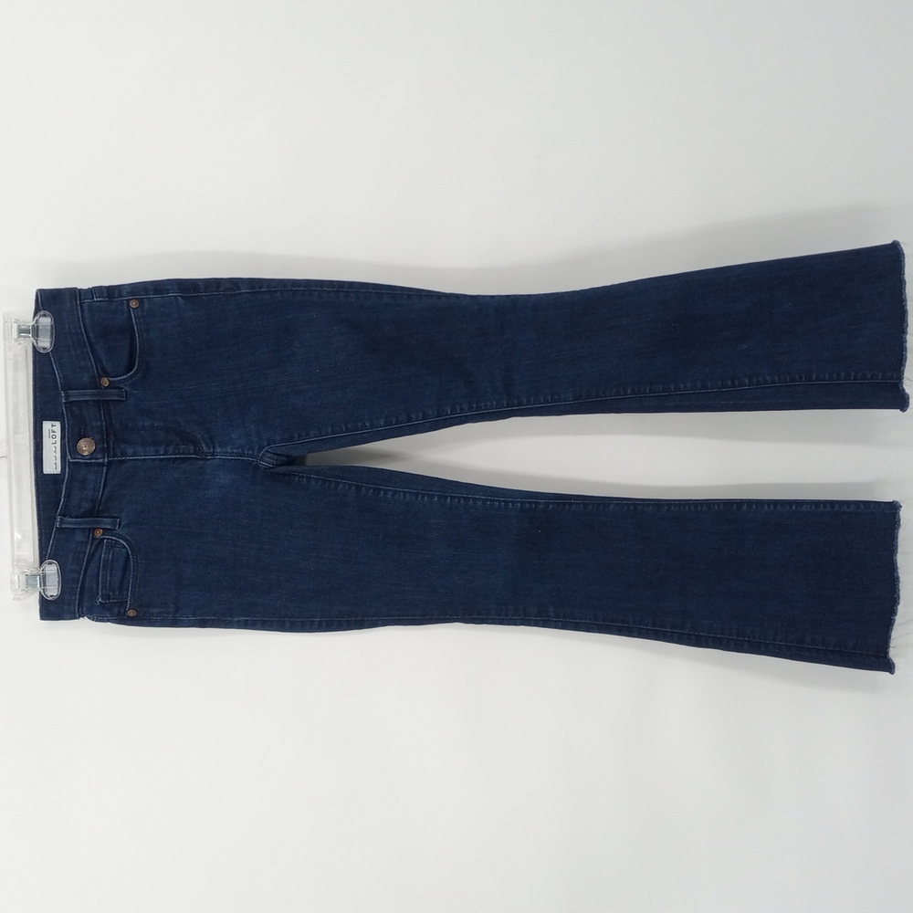 Ann Taylor LOFT Flare Jeans Frayed Raw Hem Dark Blue Wash Low Rise Size 24